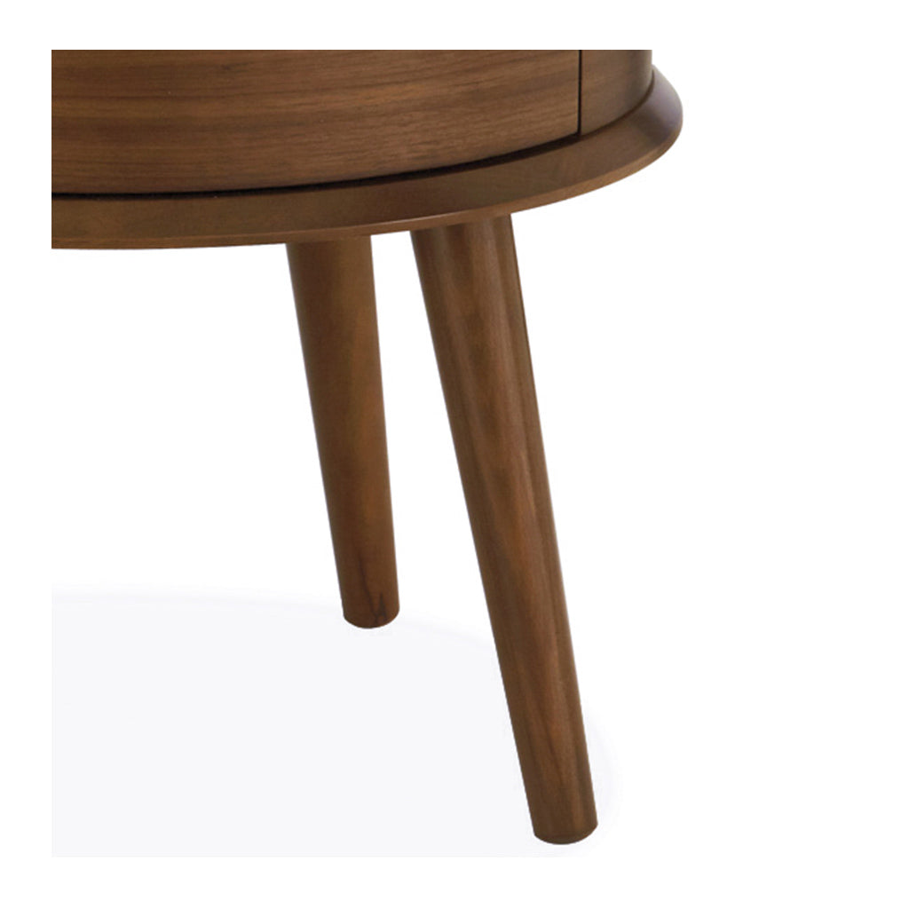 Caleb Retro Scandinavian Walnut and Beech Wood Round Bedside Table with Drawer