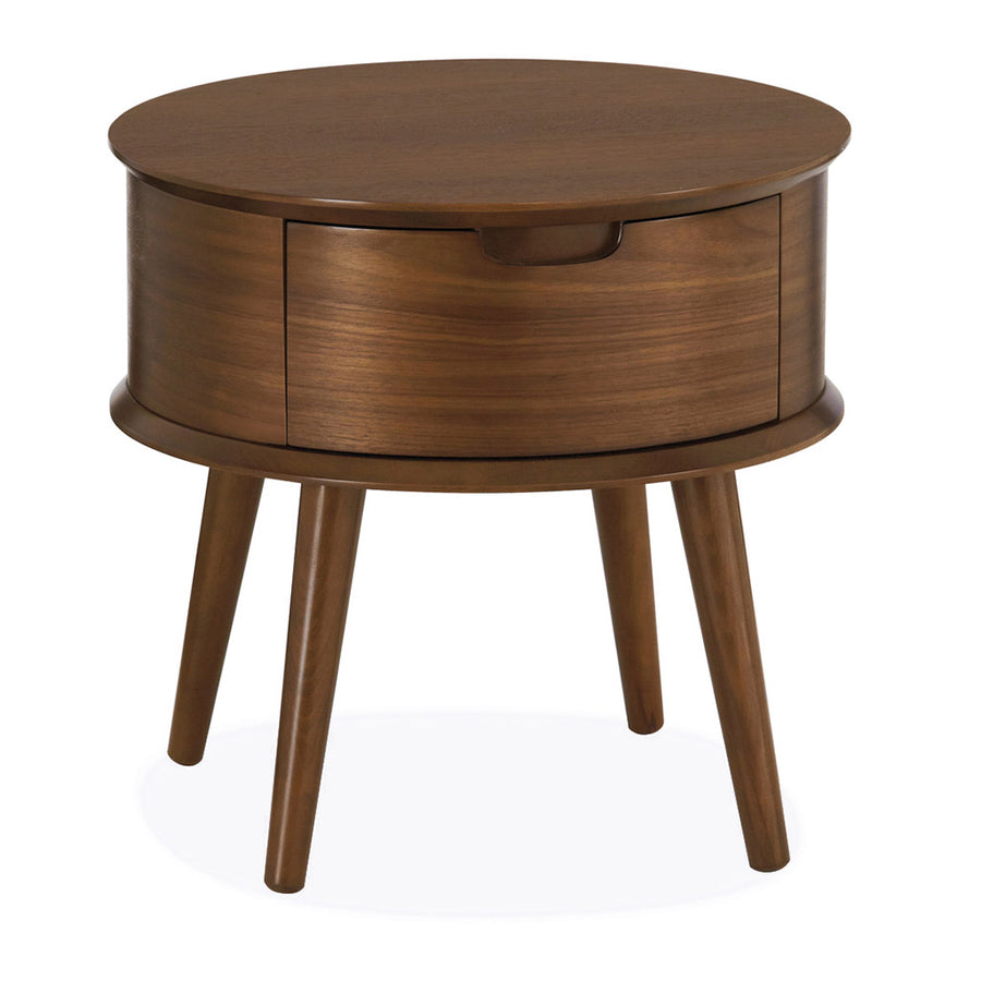 Caleb Retro Scandinavian Walnut and Beech Wood Round Bedside Table with Drawer