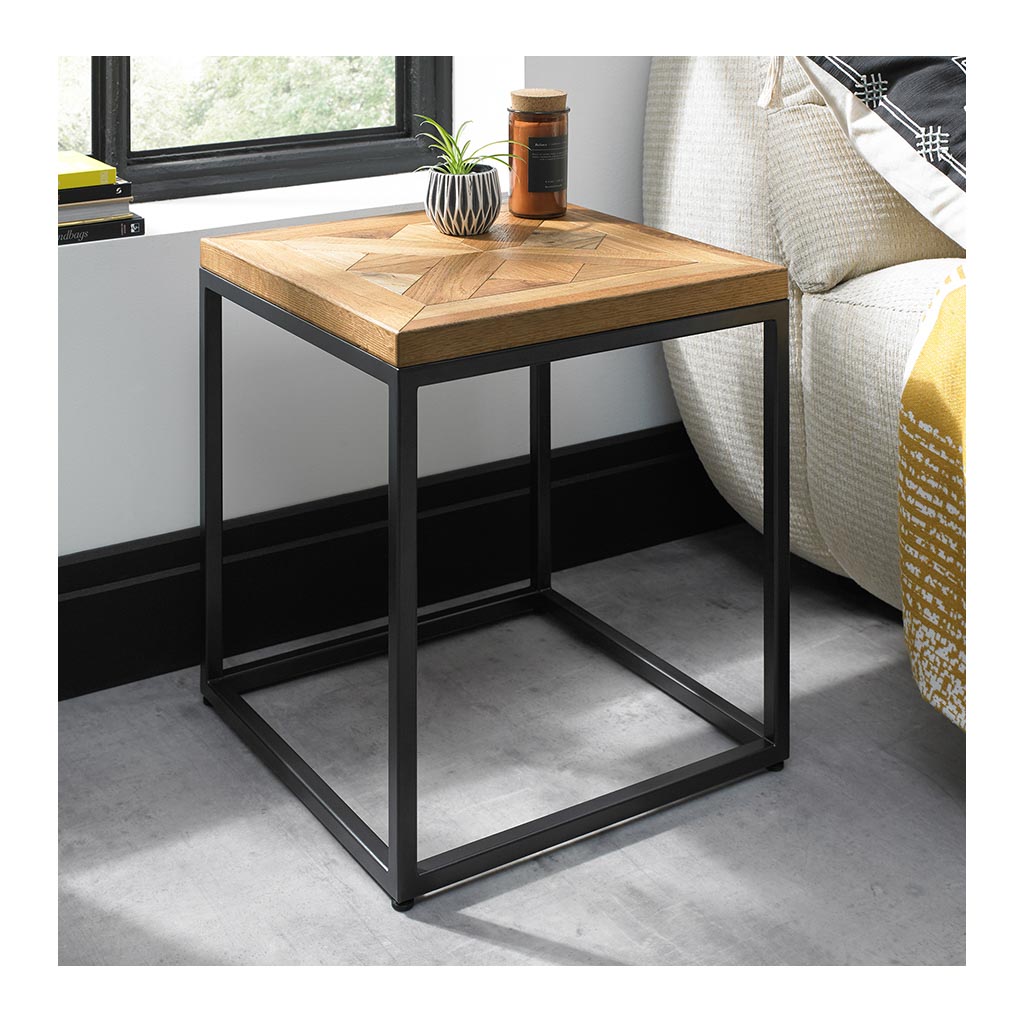 Denver-Rustic-Industrial-Parquet-Wooden-Oak-Side-Table-Black-Legs-Lifestyle