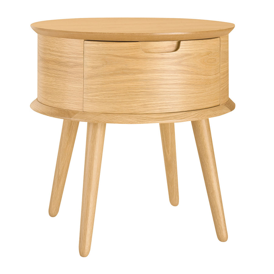 Ingrid Retro Scandinavian Wooden Oak Round Bedside Table with Drawer Front copy