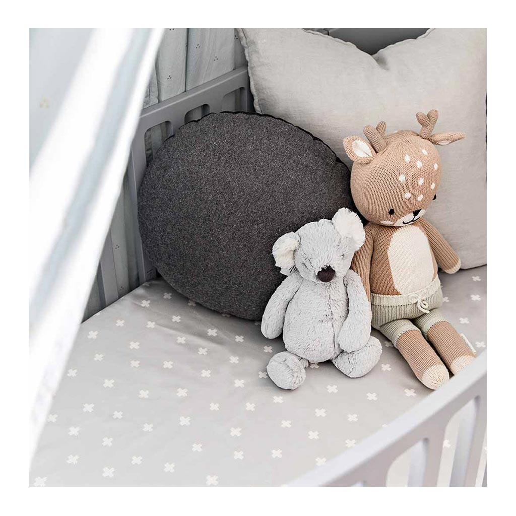 Sleepy Silk, Silk Fitted Sheet for Cots / Cribs - Dove Grey Crosses Grey - crosses (SS-FC-GR01) for baby hair loss and baby bald spots, Silky Tots 100% Silk Cot Sheet, Pawda Baby 100% Mulberry Silk Cot Full Fitted Sheet, Monday Silks, Baby Tresses Cot Bed Sheet