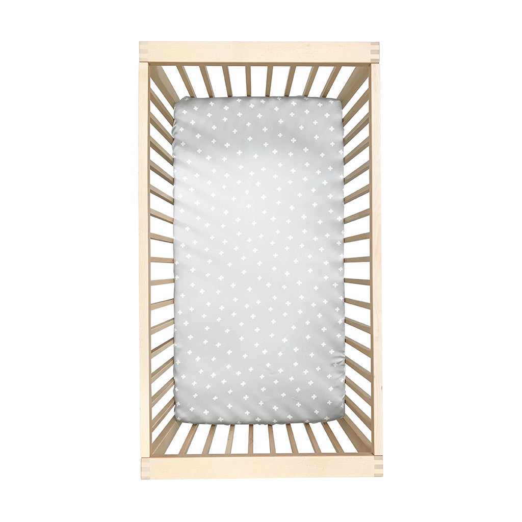 Sleepy Silk, Silk Fitted Sheet for Cots / Cribs - Dove Grey Crosses Grey - crosses (SS-FC-GR01) for baby hair loss and baby bald spots, Silky Tots 100% Silk Cot Sheet, Pawda Baby 100% Mulberry Silk Cot Full Fitted Sheet, Monday Silks, Baby Tresses Cot Bed Sheet