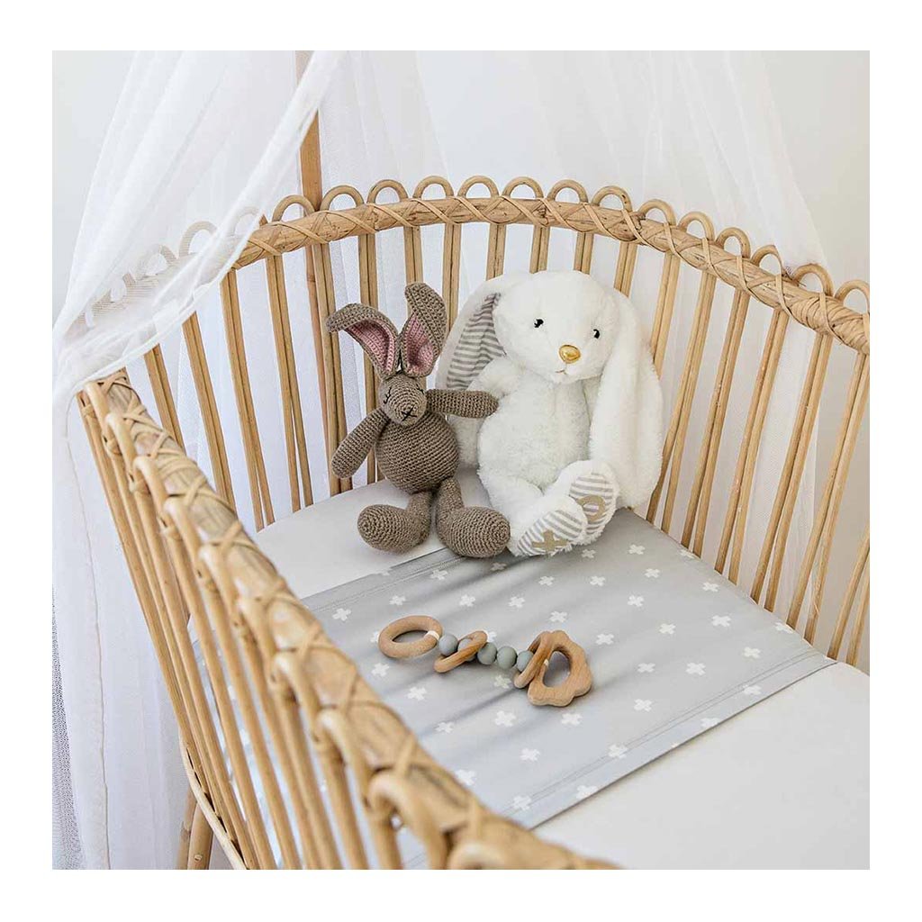 Sleepy Silk, Silk Sleeve, Set of 2 (Bassinet & Cot / Crib Sleeve) - Dove Grey - Dove Grey Crosses Grey - pattern (SS-BC-GR01) for baby hair loss and baby bald spots, Silky Tots Silk Cot Slip + Silk Bassinet Slip, Pawda Baby 100% Mulberry Silk Cot Semi Sheet and Silk Semi Sheet for Bassinet, Monday Silks, Baby Tresses Cot Bed Sheet