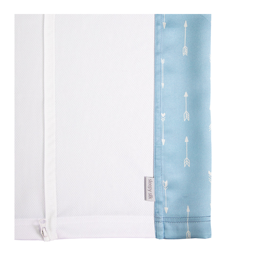 Sleepy Silk, Silk Sleeve for Cots / Cribs - Sky Arrows Blue - pattern (SS-CS-BL01) for baby hair loss and baby bald spots, Silky Tots Silk Cot Slip, Pawda Baby 100% Mulberry Silk Cot Semi Sheet, Monday Silks, Baby Tresses Cot Bed Sheet
