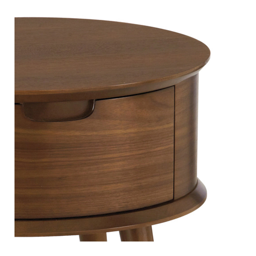 Caleb Retro Scandinavian Walnut and Beech Wood Round Bedside Table with Drawer