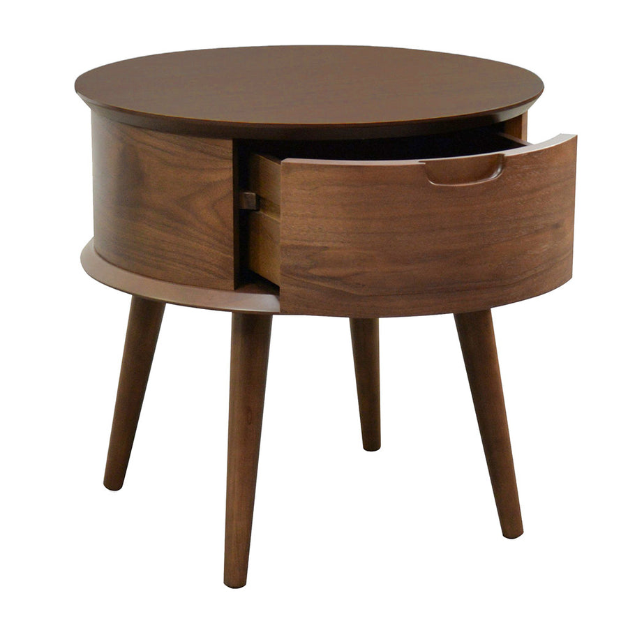 Caleb Retro Scandinavian Walnut and Beech Wood Round Bedside Table with Drawer