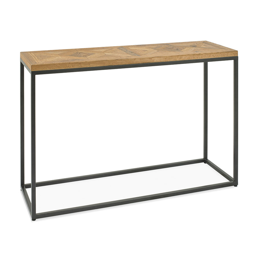 Denver Rustic Industrial Parquet Wooden Oak Console Table Black Legs