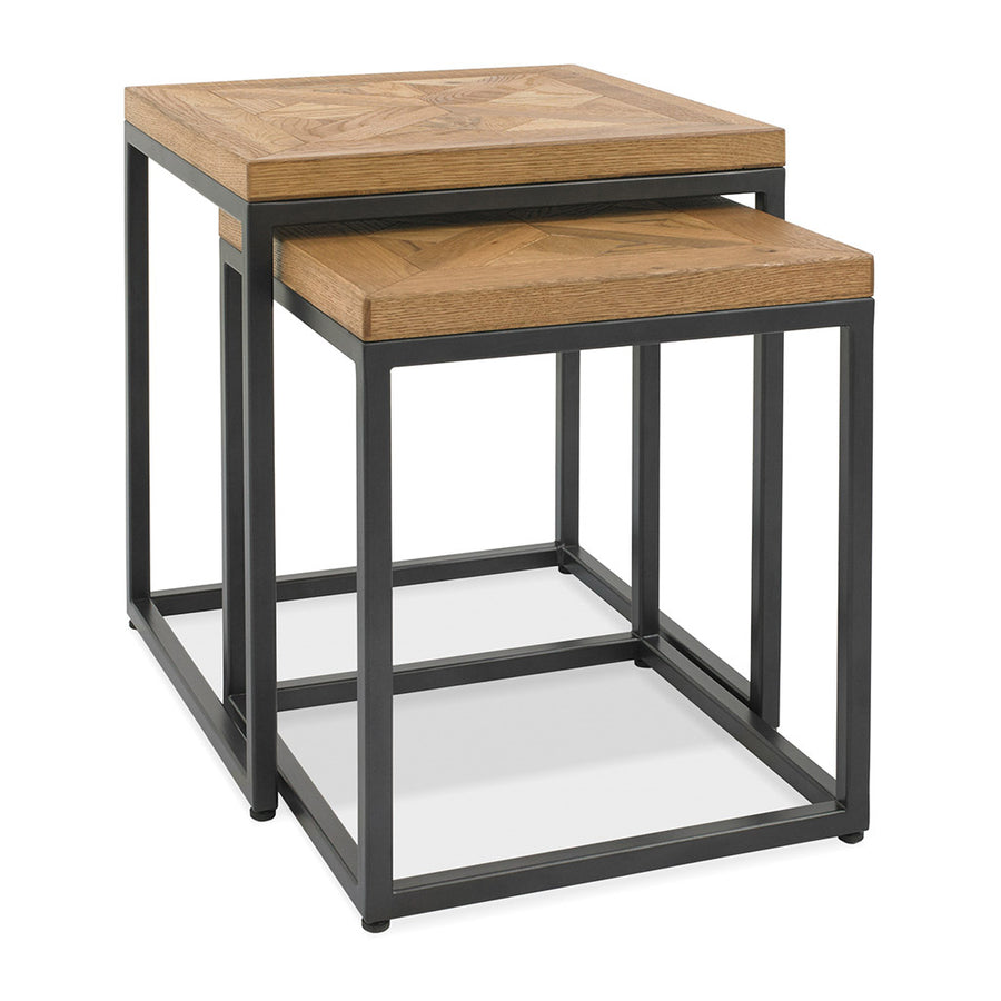 Denver-Rustic-Industrial-Parquet-Wooden-Oak-Nesting-Tables-Black-Legs-Front-Angle