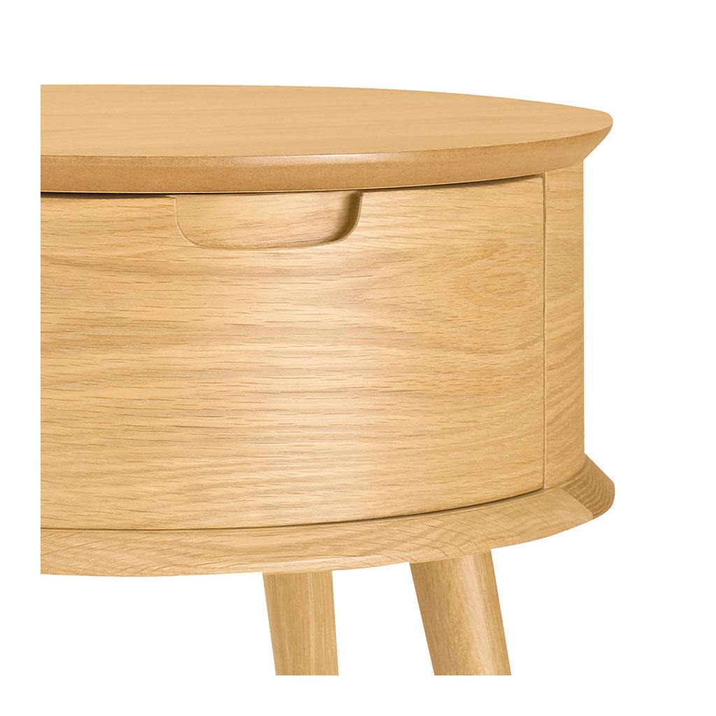 Ingrid Retro Scandinavian Wooden Oak Round Bedside Table with Drawer Front copy