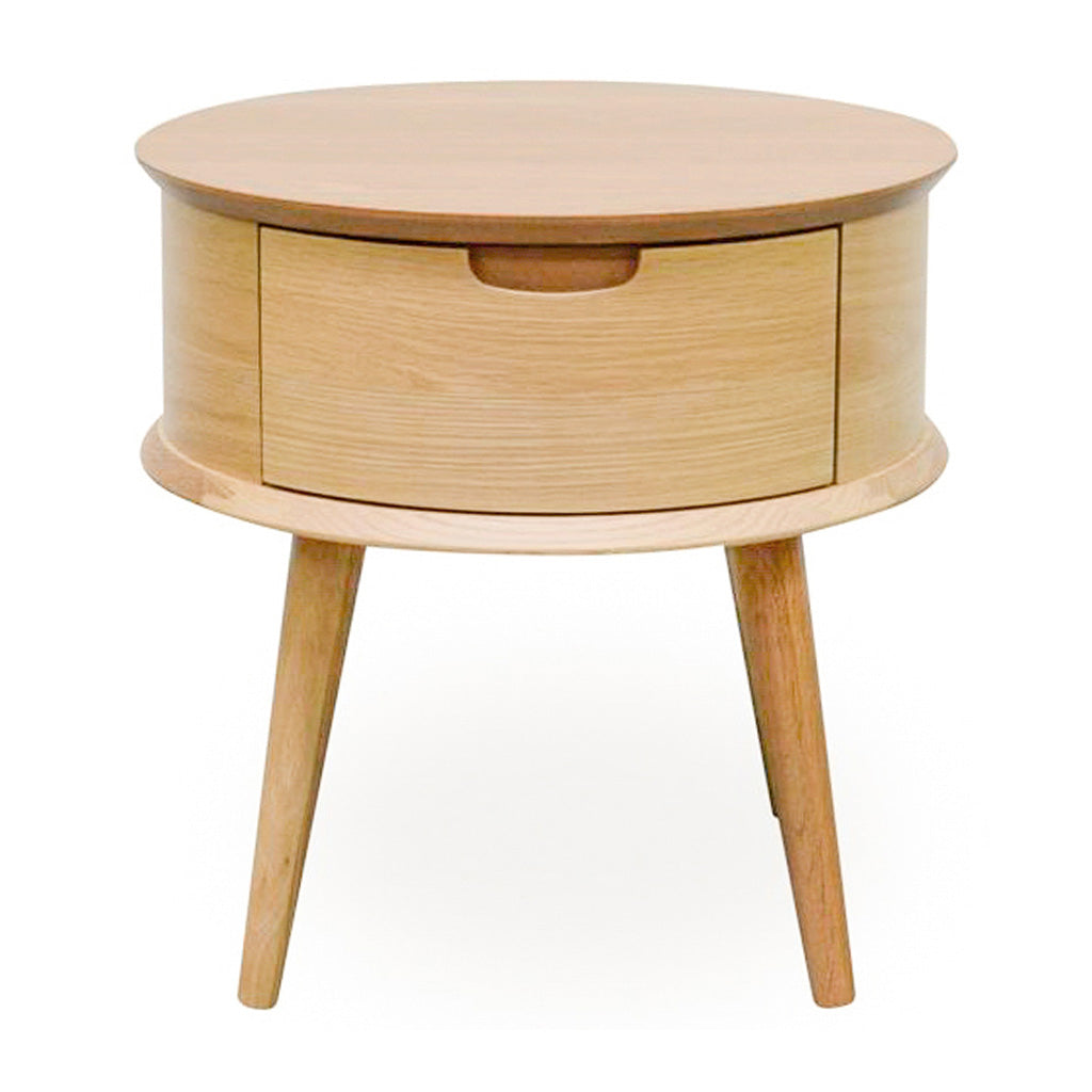 Ingrid Retro Scandinavian Wooden Oak Round Bedside Table with Drawer Front copy