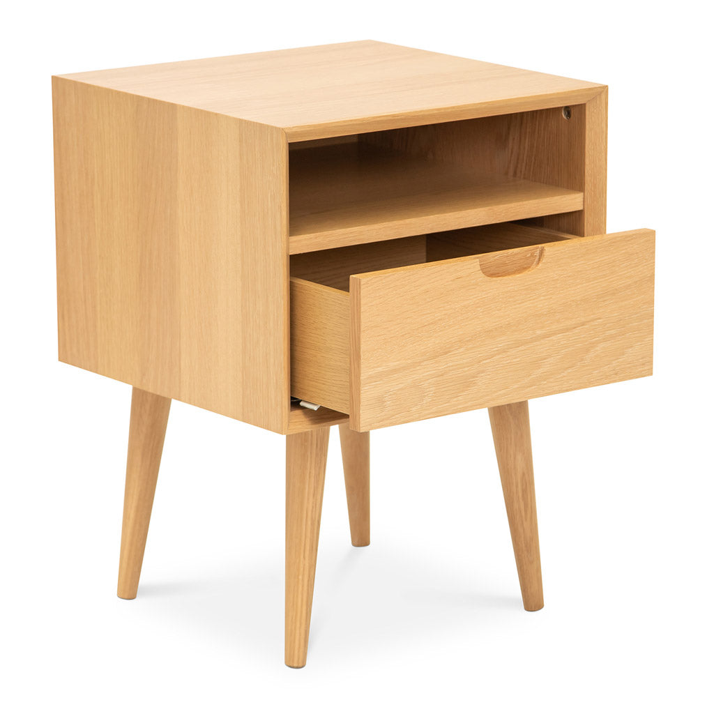 Jakob Danish Scandinavian Wooden Oak Bedside Table with Drawer BROSA STBETH01OAK Ethan Square Side Table, INTERIOR SECRETS  CF695-VN Asta SQ Wooden Bedside Table, RETROJAN Mia Contemporary Nightstand with Shelf, LIFE INTERIORS Orbit 1 Drawer Nightstand (Oak), TEMPLE AND WEBSTER TPWT2532 Olsen Oak Square 1 Drawer Bedside Table