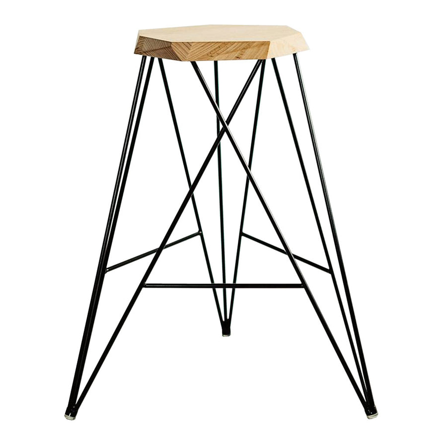 Nebulab Designs Geometric Natural Wood and Black Steel Bar Stool With Footrests