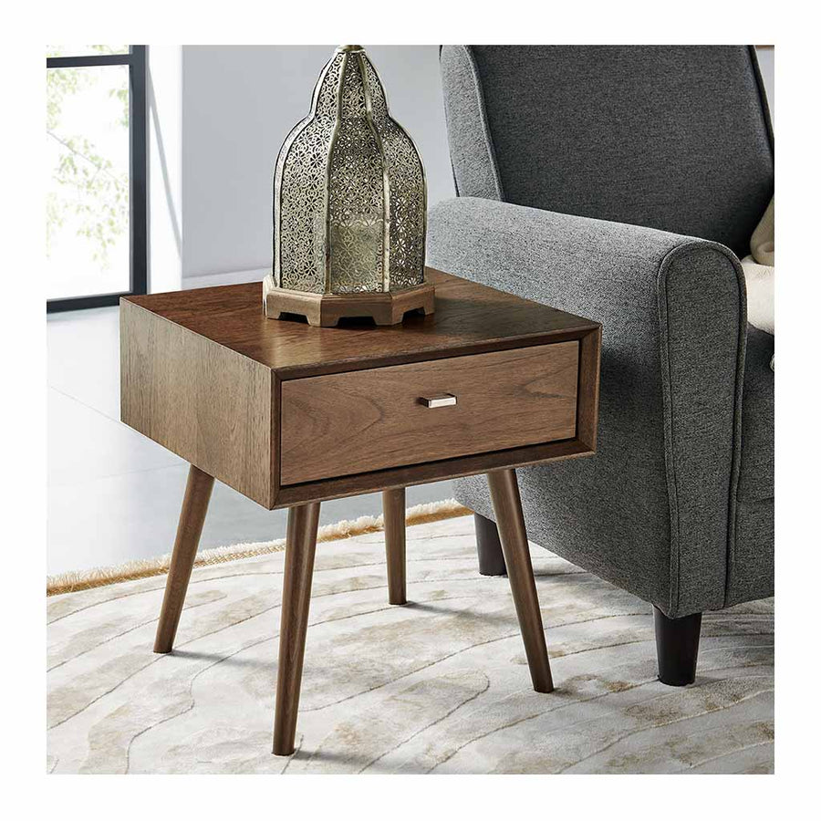 Olsen Danish Scandinavian Wooden Walnut and Beech Wood Bedside Table with Drawer